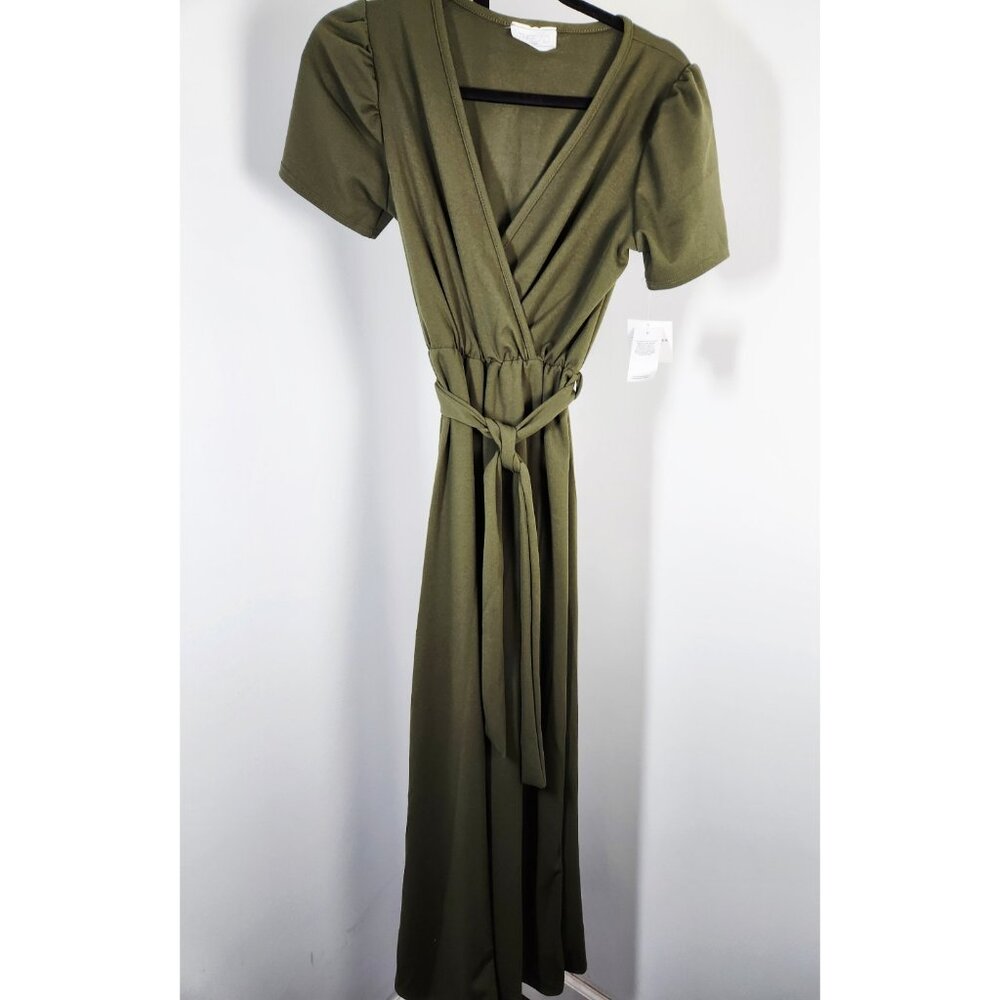 Thread Times V-neck Short Sleeve Belted Jumper-Green-SZ Small